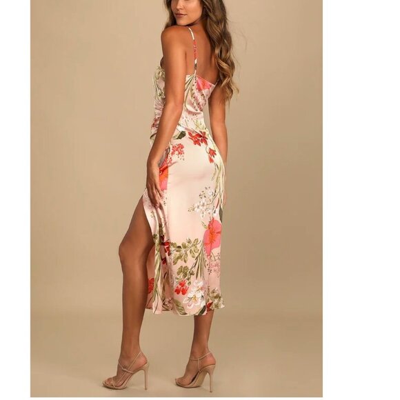 Lulus Remarkable Entrance Pink Floral Print Satin Midi Dress Size Medium NWOT - Picture 2 of 5